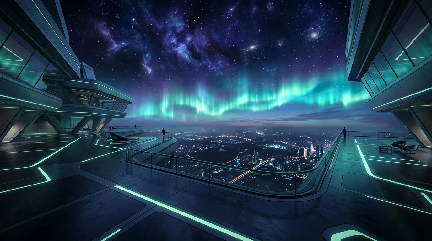 Cybernetic Observation Deck overlooking Aurora Horizon