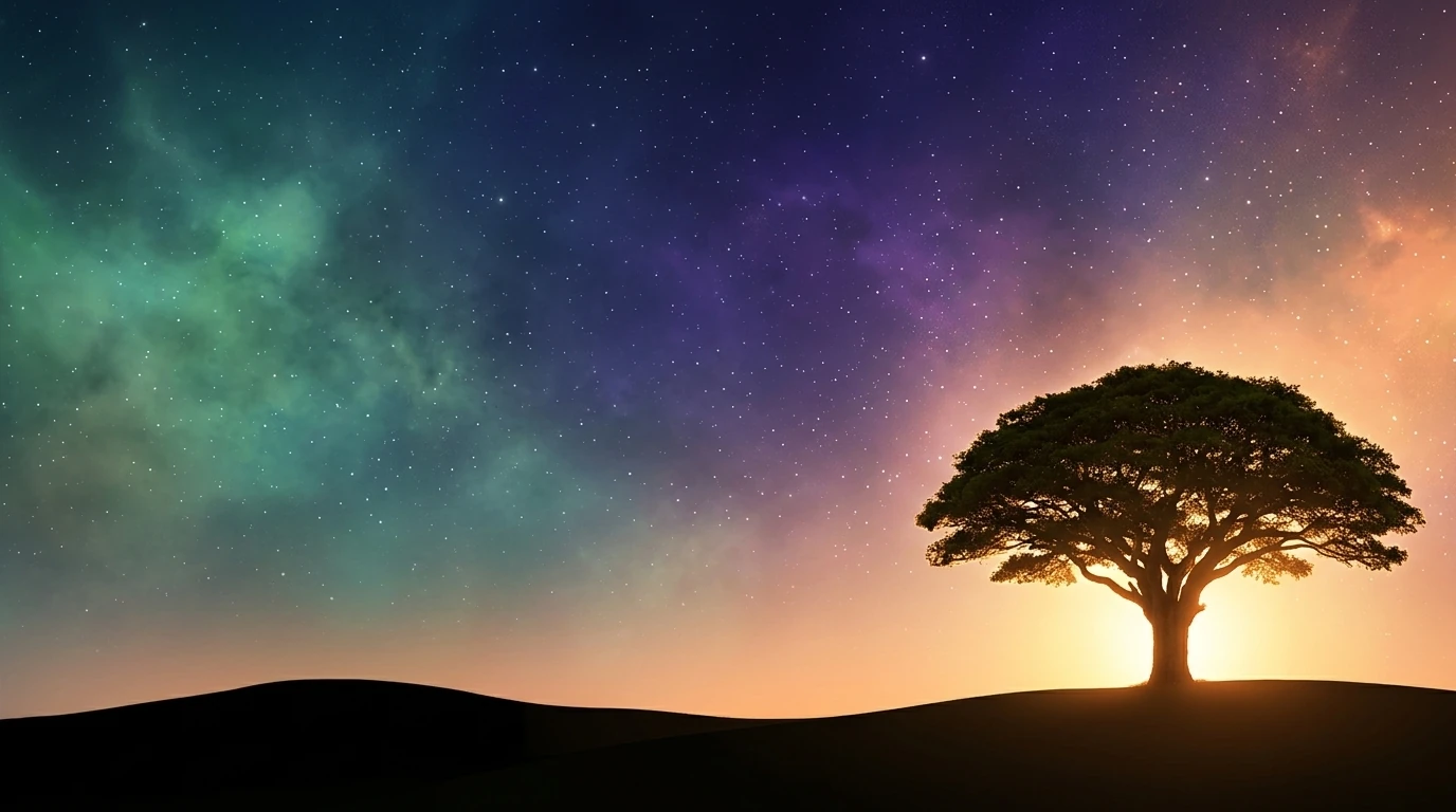 Majestic Banyan Tree and Cosmic Aurora Backdrop